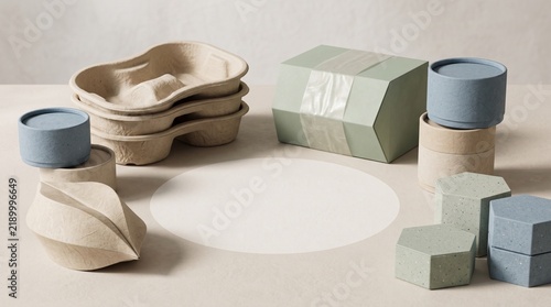 Sustainable.eco-friendly.packaging.collection.biodgradable.boxes.trays.cups.minimalist.green.blue.ecological.design.shoot.concept