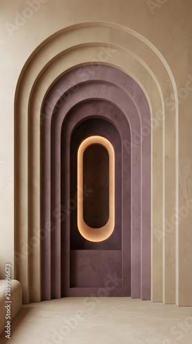 Elegant interior architectural archway design featuring layered purple and beige curved walls.