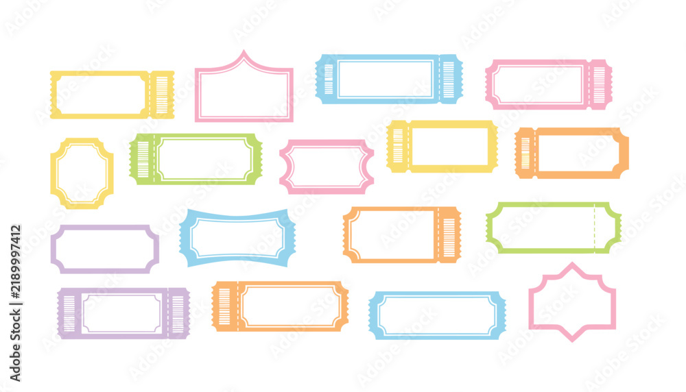 Fototapeta premium Collection of pastel colored blank ticket templates and retro coupons with various borders and dotted lines.