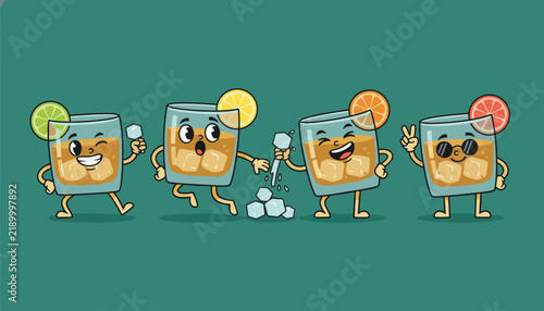 Four fun cartoon characters depicted as glasses of whiskey with ice cubes and colorful citrus slices dancing on a green background.