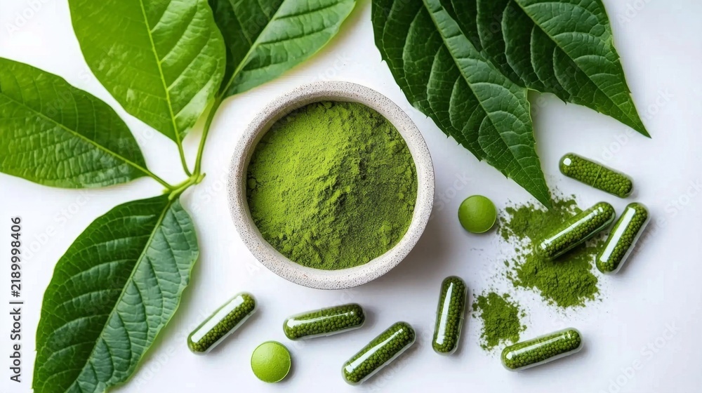 Obraz premium The versatility of kratom in both leaf and capsule form for wellness.