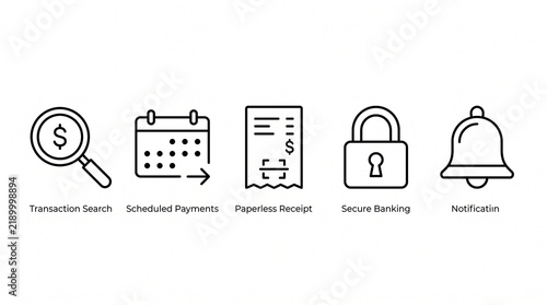 Set of Digital Banking and Financial Mobile App Icons: Transaction Search, Scheduled Payments, Paperless Receipt, Secure Banking, Notification