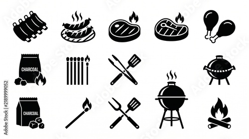 Set of Barbecue and Grill Icons Including Meat, Charcoal, Tools, and Cooking Equipment for Summer Outdoor Cooking and Picnic Design