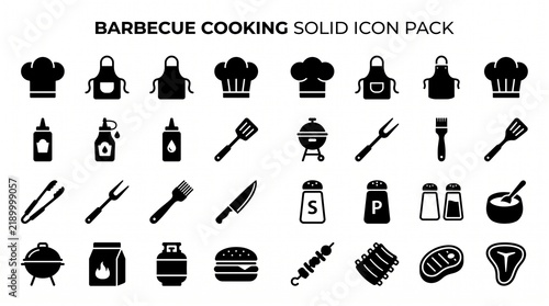 Barbecue Cooking Solid Icon Set Featuring Grill Tools, Chef Hats, Aprons, Meat, and BBQ Equipment for Restaurant and Culinary Design Projects