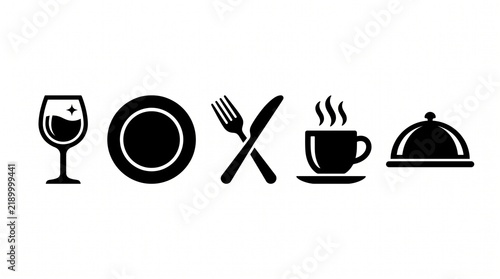 Set of Restaurant and Dining Icons: Wine Glass, Plate, Cutlery, Coffee Cup, and Serving Cloche for Food and Beverage Service Design
