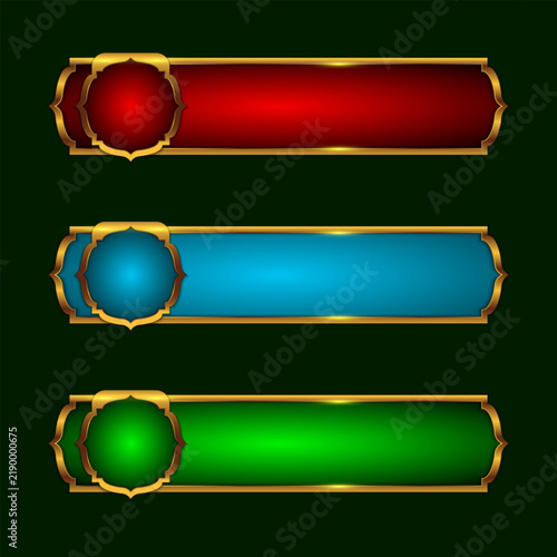 Three color choices of luxury Arabic style gold edge frame. Islamic text box title frame.