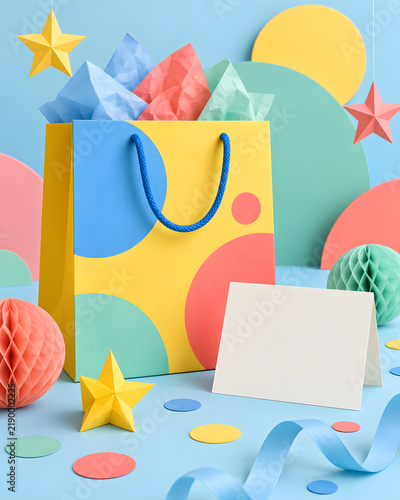 Birthday Gift Bag and Card: A vibrant yellow gift bag adorned with colorful circles sits surrounded by festive decorations including star cutouts and honeycomb balls.