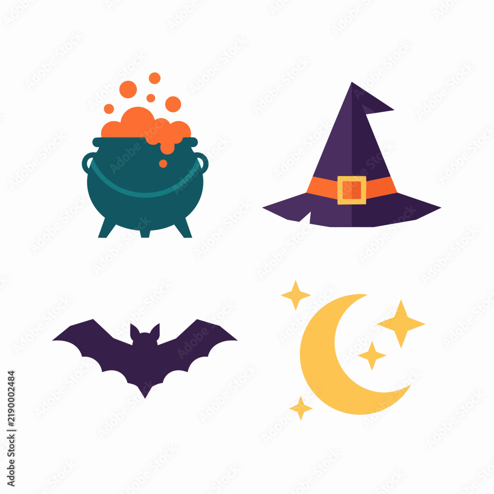 Fototapeta premium Halloween witch hat cauldron bat and moon icons