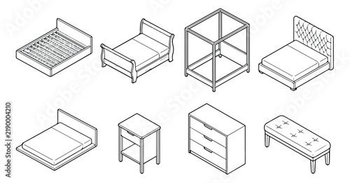 Foto Isometric bedroom furniture set, 8 line art bed and storage icons, minimalist in