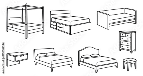 Foto Minimalist bedroom furniture vector set, modern bed frames and storage icons, 8