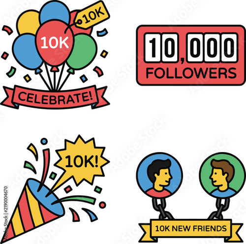 Set of Colorful Celebration Vector Icons for 10,000 Social Media Followers and Friends Milestones