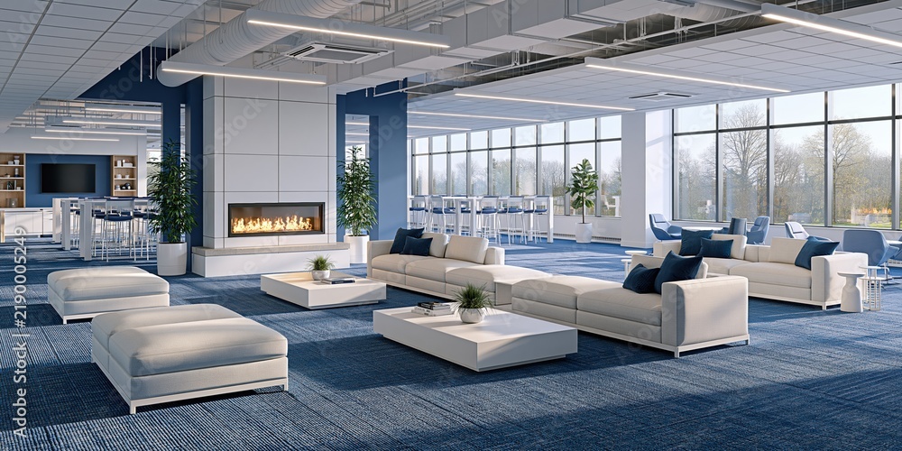 Obraz premium Modern Office Lounge with Fireplace, Sofas, and Panoramic Windows Offering Natural Light