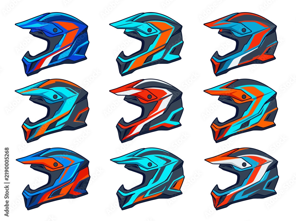 Obraz premium Full face motocross and downhill mountain bike helmets in various colors, vector icons on white background