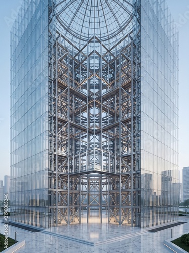 Modern skyscraper facade detail with glass curtain wall; steel grid structure and exposed framework; architectural close-up of high-rise tower; urban skyline background with shiny metallic
