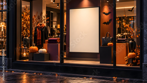 Spooky Halloween Store Window Display: A dimly lit store window adorned with pumpkins, autumn leaves, and bat decorations, inviting shoppers to explore for Halloween.
