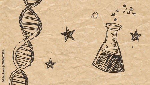 Hand-drawn Science and DNA Illustration with Stars and Laboratory Flask