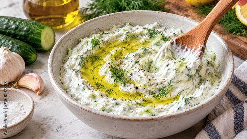 Creamy tzatziki sauce in a rustic bowl with fresh cucumber, garlic, olive oil, and dill herbs.