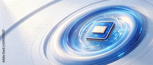 Glowing blue 3d computer processor chip inside transparent circular frame with concentric glowing blue circles on clean white background representing advanced microchip technology