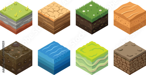 Isometric Game Blocks Vector Set with 3D Terrain Ground Layers and Landscape Tiles