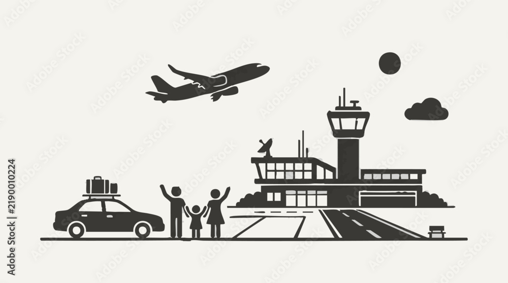 Fototapeta premium Airport travel scene with family, car, and departing airplane silhouette