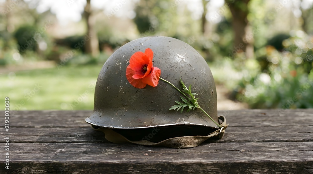 Obraz premium Remembrance day concept with a red poppy flower on a vintage military helmet