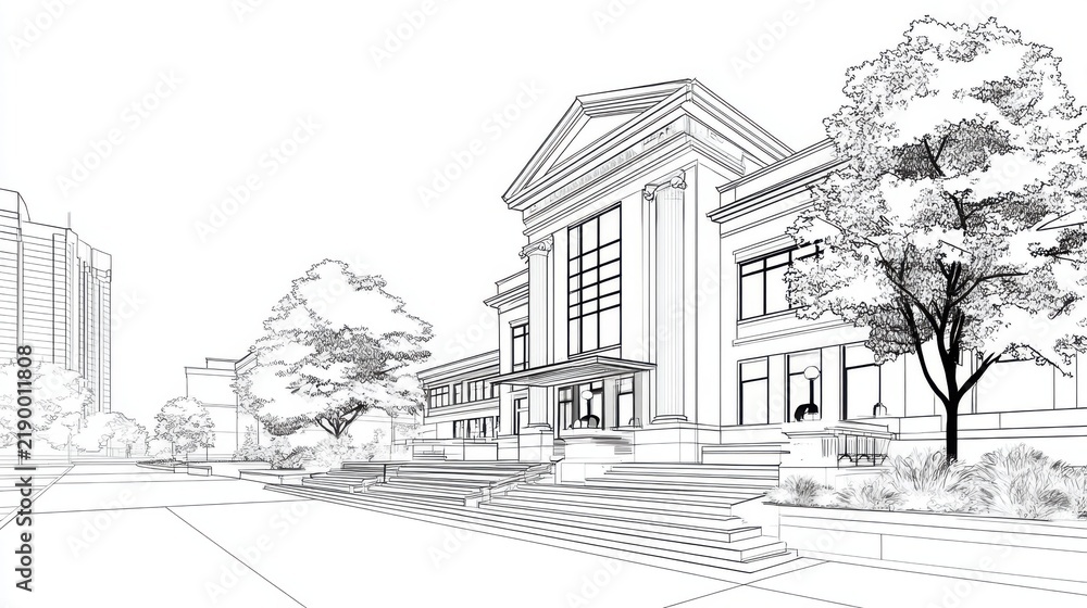 Fototapeta premium Elegant Architectural Sketch of Classical Building with Surrounding Trees