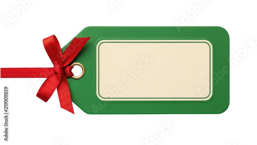 Green christmas gift tag with a festive red ribbon bow for holiday presents