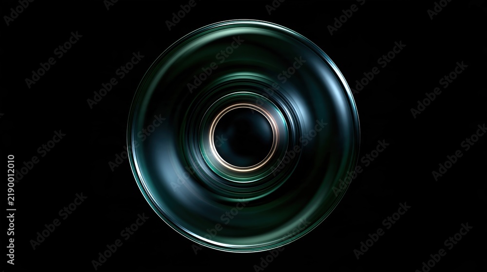 Fototapeta premium Abstract symmetrical concentric green glossy glass circles tunnel with thin glowing golden accent ring on deep pure black background modern 3d geometric art concept