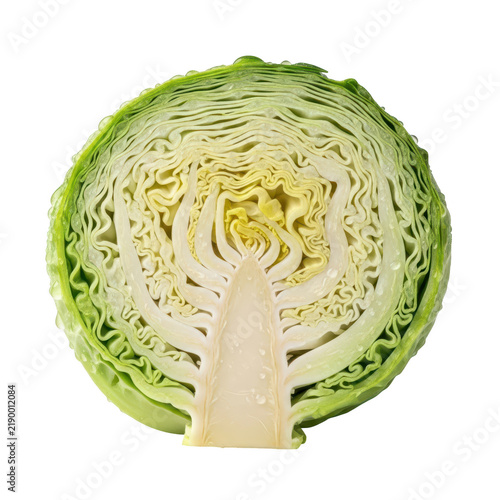 Fresh green cabbage cut in half showing the detailed texture of the inside leaves