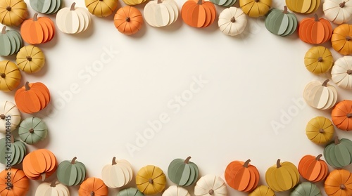 Colorful miniature pumpkins and ghosts forming a festive autumn border