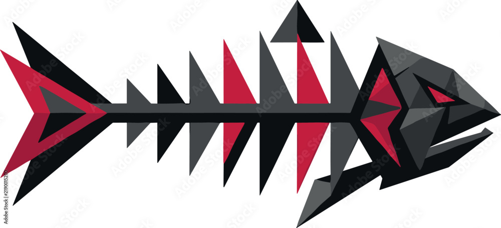 Fototapeta premium Abstract Low Poly Fish Bone Vector Illustration with Sharp Geometric Triangles in Red and Dark Grey for Aggressive Gaming Logos and Edgy Brand Graphics