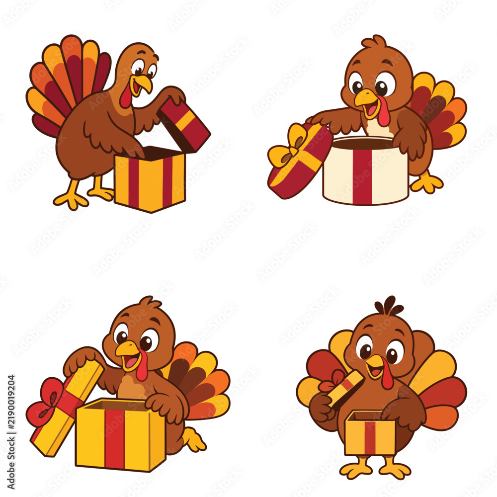 Fototapeta premium Turkey vector illustration set opening gift boxes, funny Thanksgiving cartoon characters