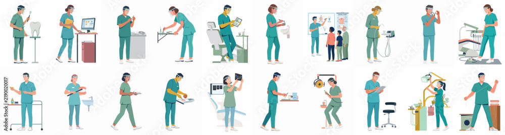 Obraz premium Collection of Flat Vector Illustrations Featuring Dental Professionals in Various Work Scenarios within a Clinic Setting