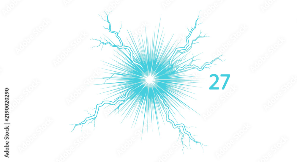 Fototapeta premium Light blue energy explosion effect with lightning bolts isolated on white background, vector glowing burst star element for design projects.