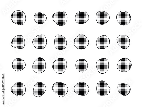 Abstract halftone dot circle shape bundle set featuring various organic irregular geometric forms for graphic design