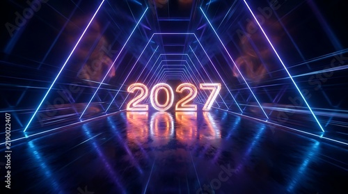 A futuristic new year's celebration welcoming 2027 with neon lights and digital innovation