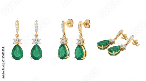 Three emerald and gold earrings set of 3 renders, jewelry mockup isolated on transparent background