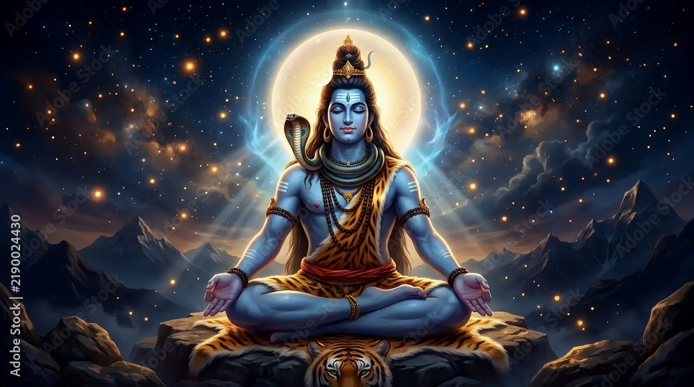 Fototapeta premium Lord Shiva Meditating in Himalayas under Full Moon Night Sky with Snake Cobra and Cosmic Glowing Aura