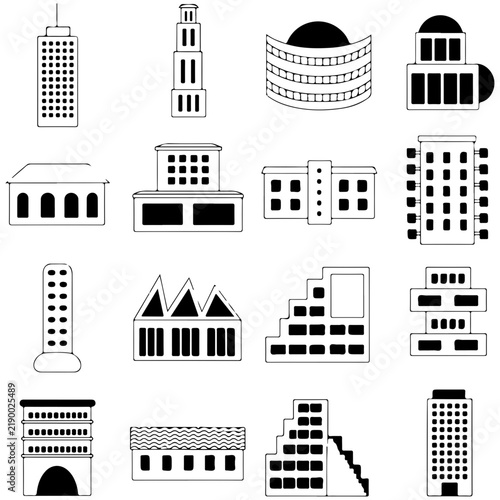 Flat icons of modern office buildings and skyscrapers