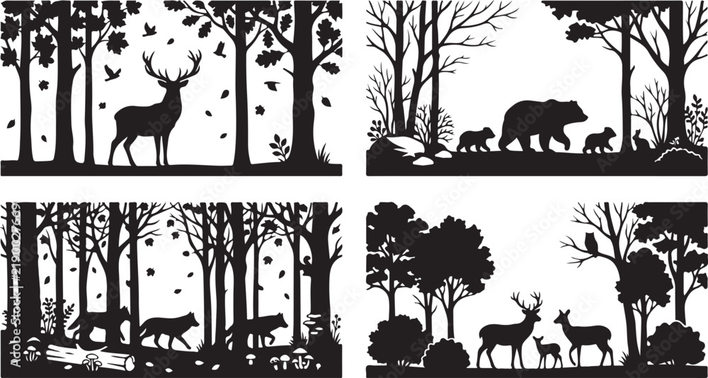 Obraz premium Four forest wildlife scenes with silhouettes of deer, bears, wolves and owls in a woodland setting on a white background