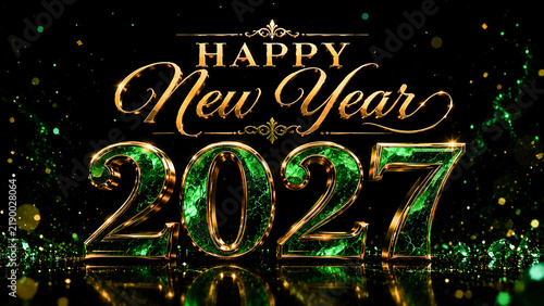 Happy New Year 2027 lettering featuring elegant metallic emerald green numbers on a a dark black background.
