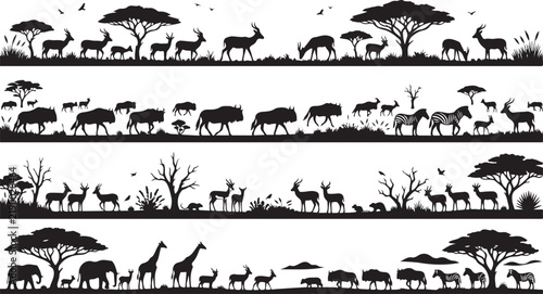 Photography Set of four horizontal banners featuring black silhouettes of african savanna an