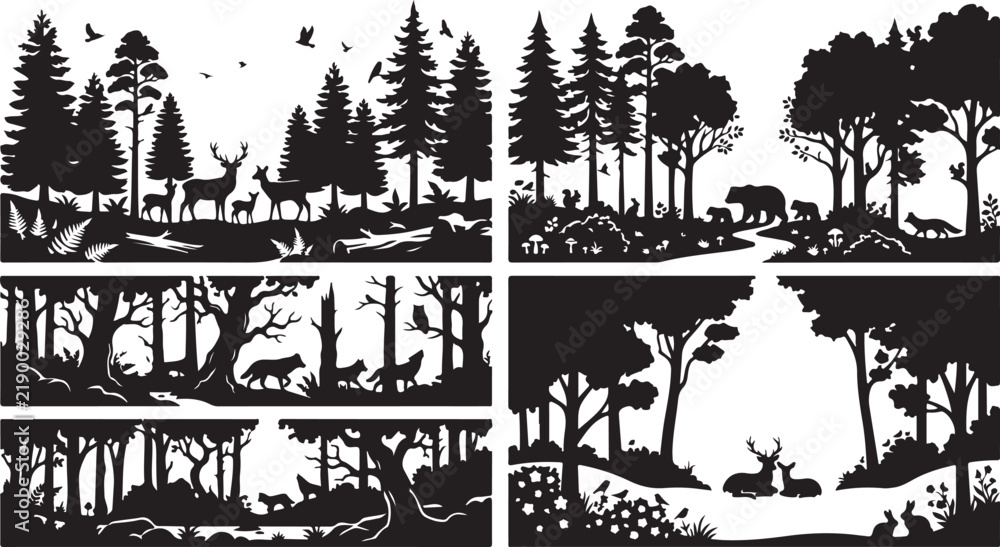 Fototapeta premium Woodland forest wildlife silhouette collection featuring deer, bears, foxes, owls, and dense pine trees in nature scenes on white background
