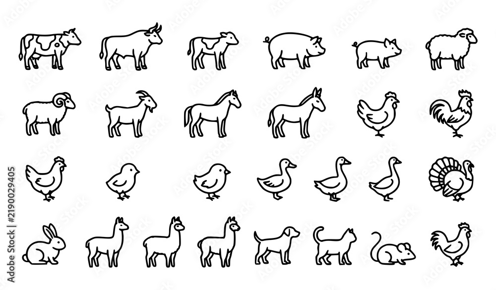 Fototapeta premium Farm Animals Editable Thin Line Icon Set