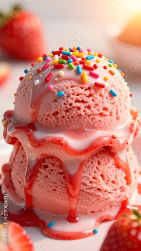 Strawberry ice cream scoops with sauce sprinkles and fresh strawberries