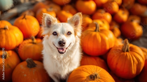 A playful dog posing next to a pile of pumpkins, with a festive Halloween atmosphere and pumpkins everywhere.