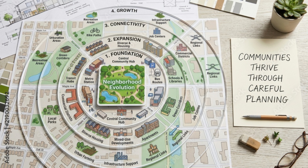 Obraz premium Neighborhood Evolution Planning Diagram Showing Growth Stages and Urban Development