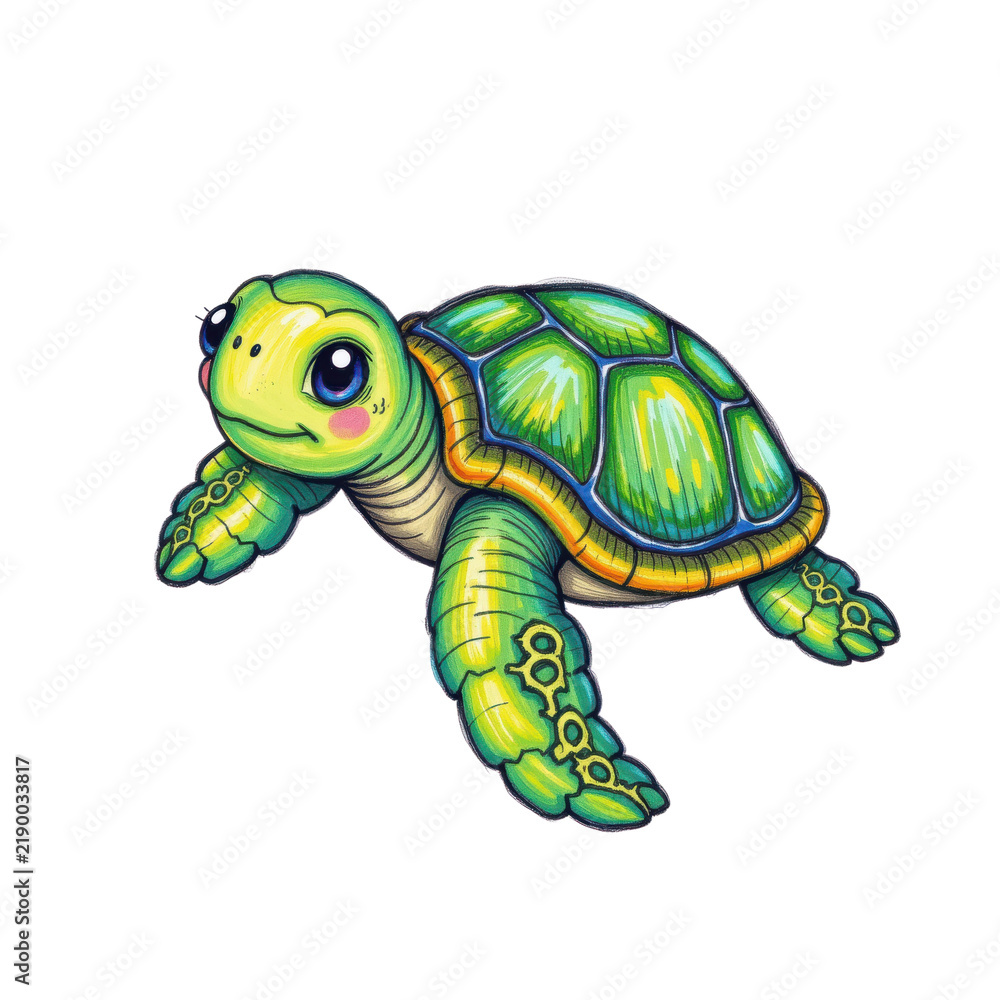 Obraz premium A cute, colorful cartoon sea turtle with big eyes and detailed shell and limbs, depicted in a playful and friendly style.