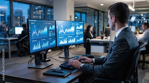 Financial trader analyzing stock market data and investment trends on multiple computer monitors in a modern office at night, representing business analytics and economic forecasting.