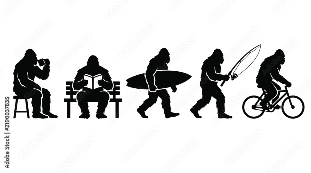 Obraz premium Bigfoot evolution silhouette set, Sasquatch lifestyle vector icons, mythical creature surfing fishing and cycling graphics for t-shirt design